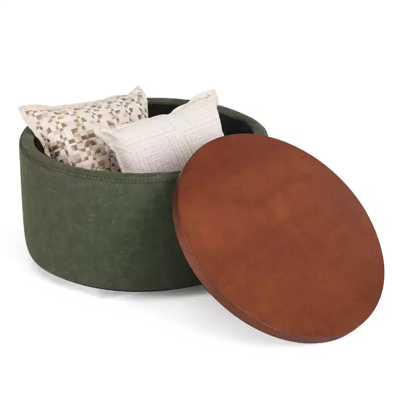 Pouf de rangement rond Camila moderne en bois et similicuir, avec roulettes et couvercle amovible