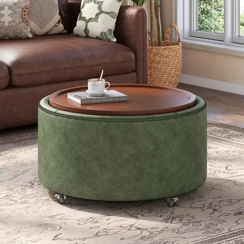 Pouf de rangement rond Camila moderne en bois et similicuir, avec roulettes et couvercle amovible