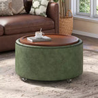 Pouf de rangement rond Camila moderne en bois et similicuir, avec roulettes et couvercle amovible