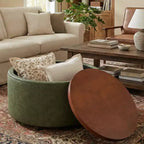 Pouf de rangement rond Camila moderne en bois et similicuir, avec roulettes et couvercle amovible