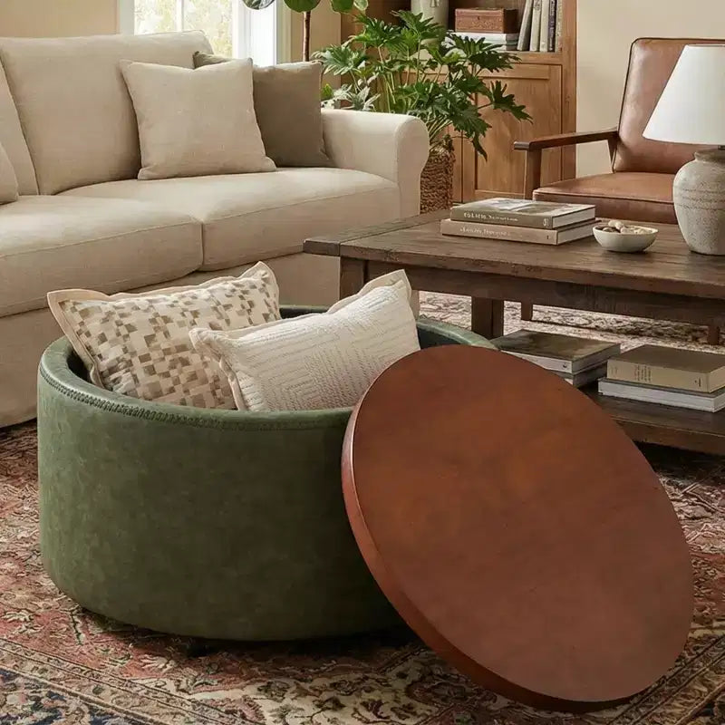 Pouf de rangement rond Camila moderne en bois et similicuir, avec roulettes et couvercle amovible
