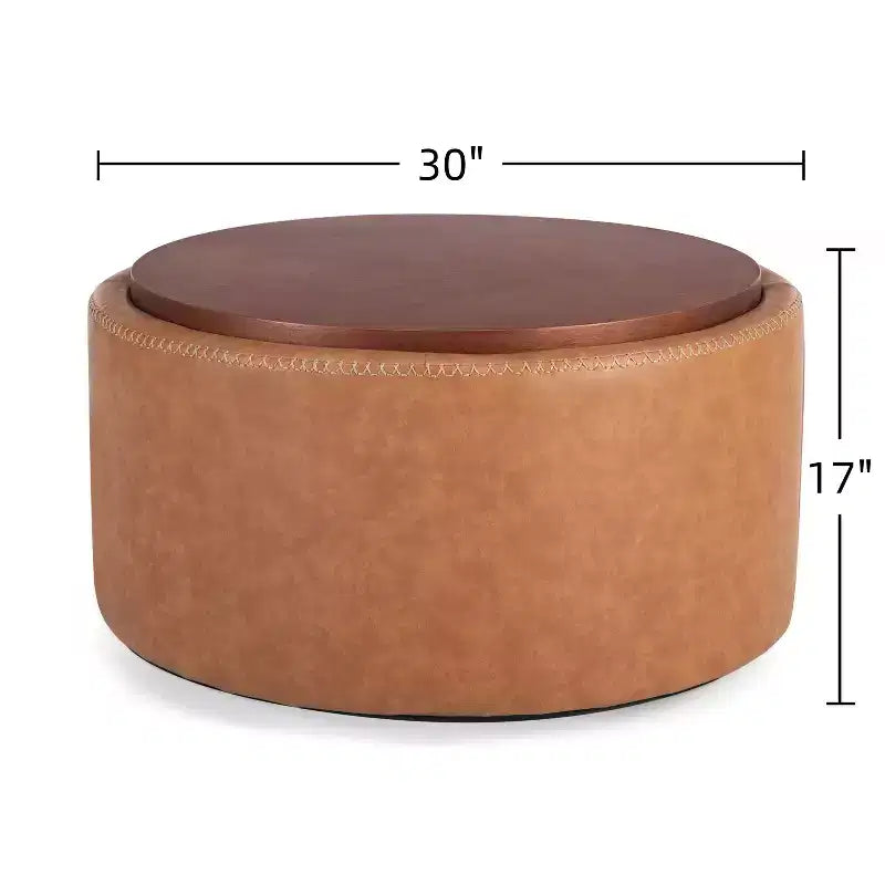 Pouf de rangement rond Camila moderne en bois et similicuir, avec roulettes et couvercle amovible