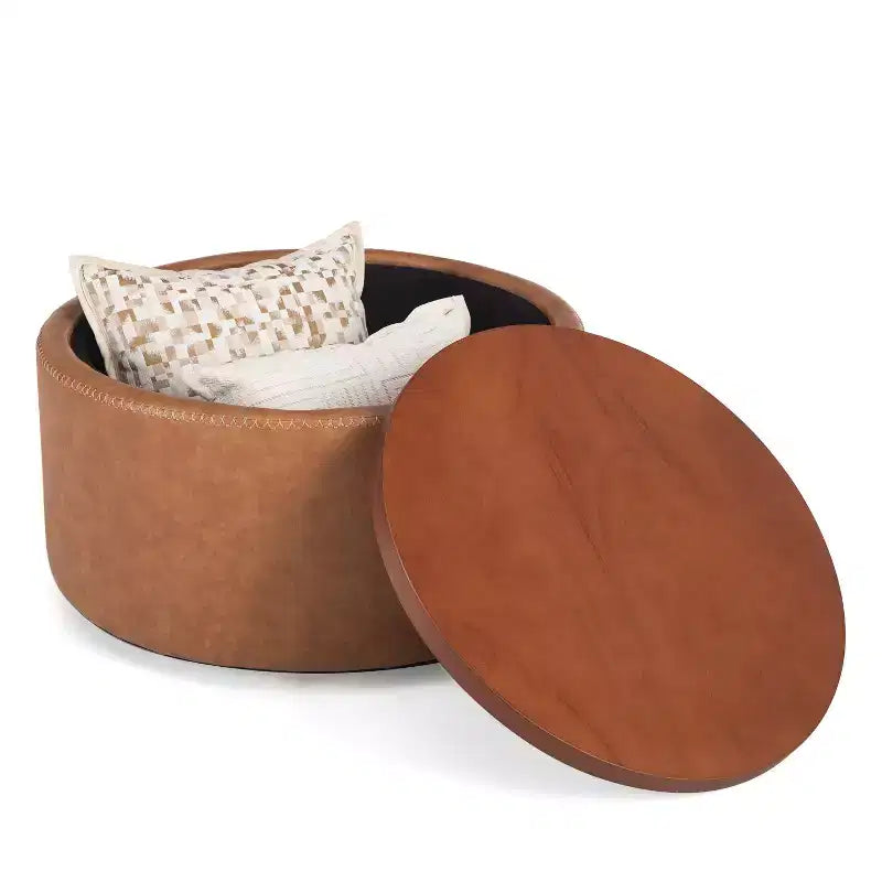 Pouf de rangement rond Camila moderne en bois et similicuir, avec roulettes et couvercle amovible