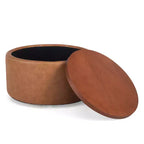 Pouf de rangement rond Camila moderne en bois et similicuir, avec roulettes et couvercle amovible