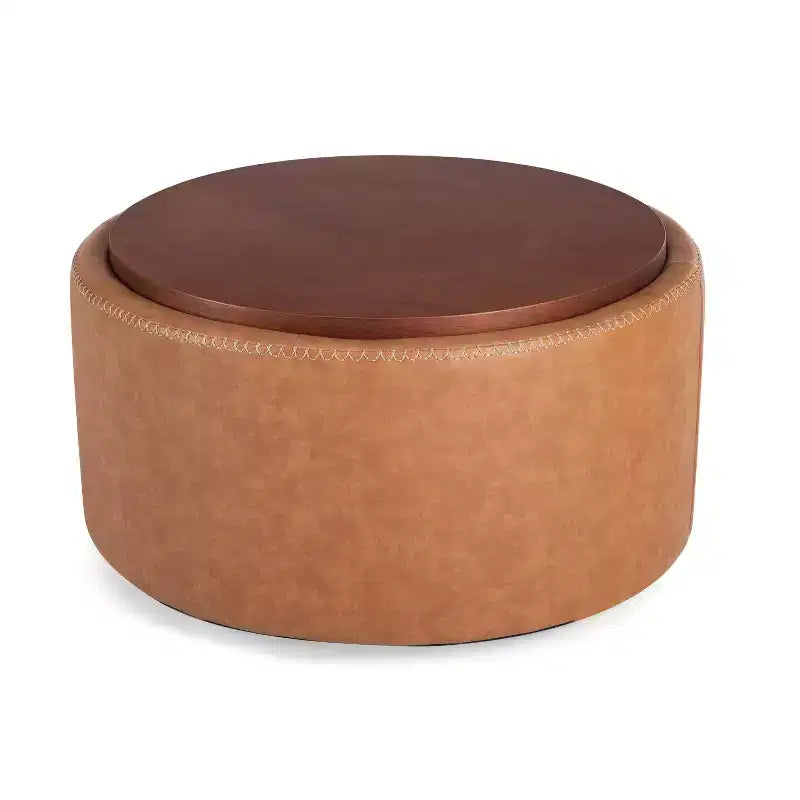 Pouf de rangement rond Camila moderne en bois et similicuir, avec roulettes et couvercle amovible