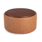 Pouf de rangement rond Camila moderne en bois et similicuir, avec roulettes et couvercle amovible