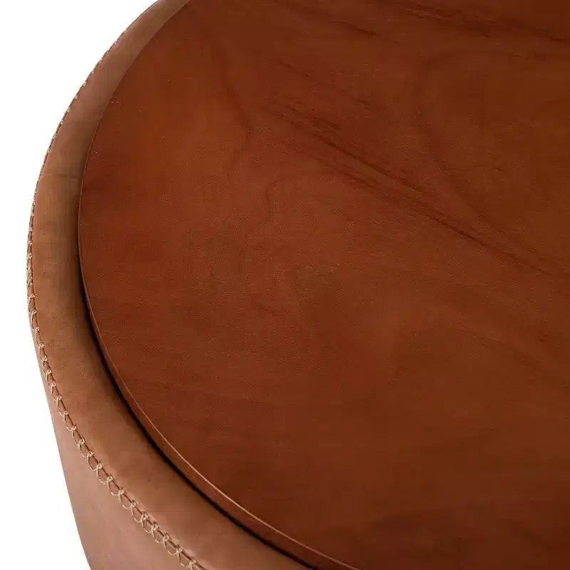 Pouf de rangement rond Camila moderne en bois et similicuir, avec roulettes et couvercle amovible