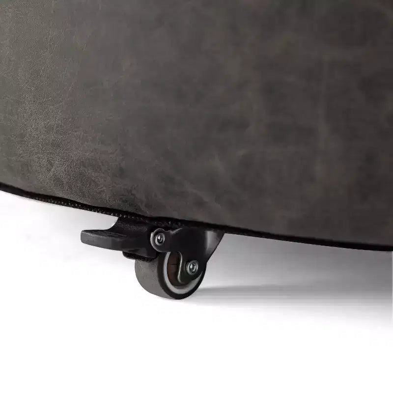 Pouf de rangement rond Camila moderne en bois et similicuir, avec roulettes et couvercle amovible