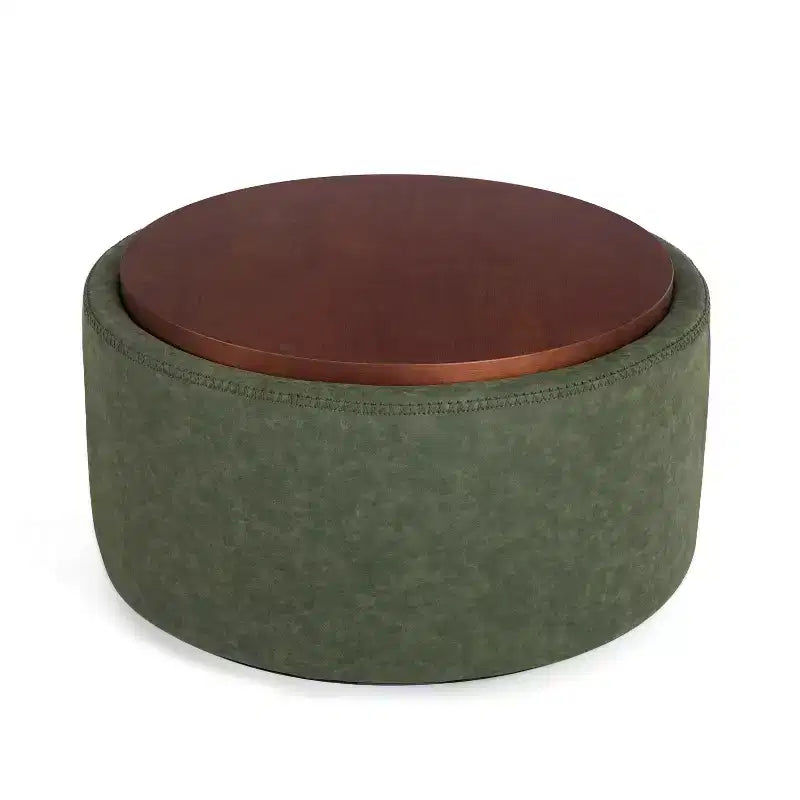 Pouf de rangement rond Camila moderne en bois et similicuir, avec roulettes et couvercle amovible