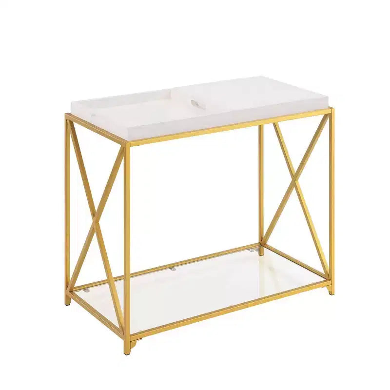 Console St Andrews blanc/doré, plateau en verre moderne, cadre en métal, meuble d'entrée