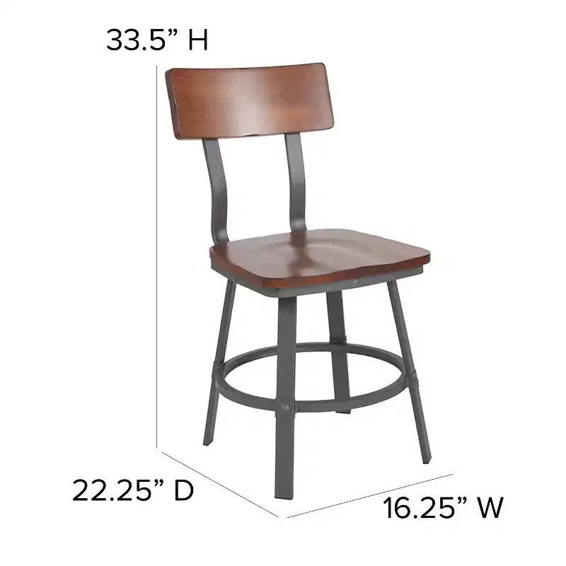 Chaise de restaurant Flint Series Noyer Rustique avec assise et dossier en bois et structure Gris Poudré